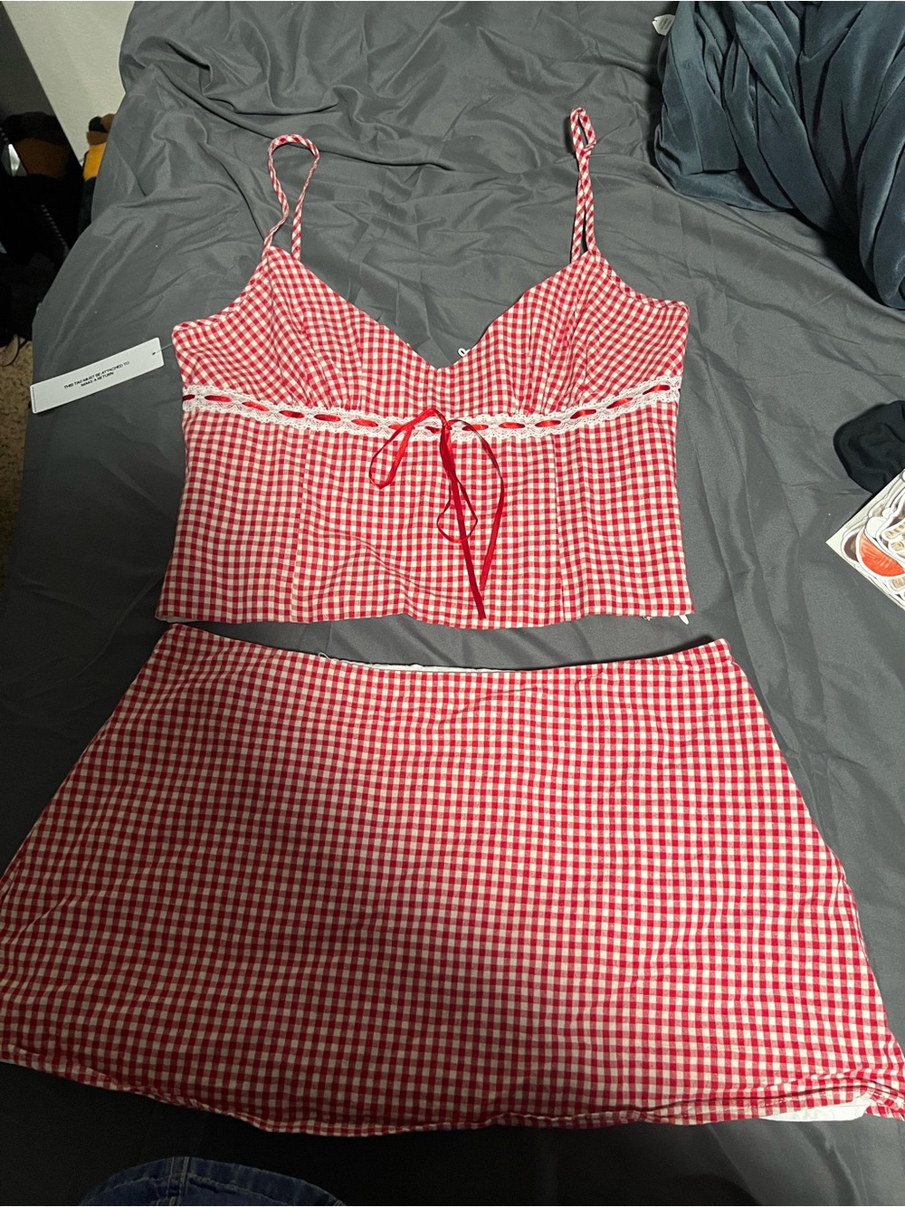 Princess Polly Red Gingham Lace-Trim Cami & Skirt Set